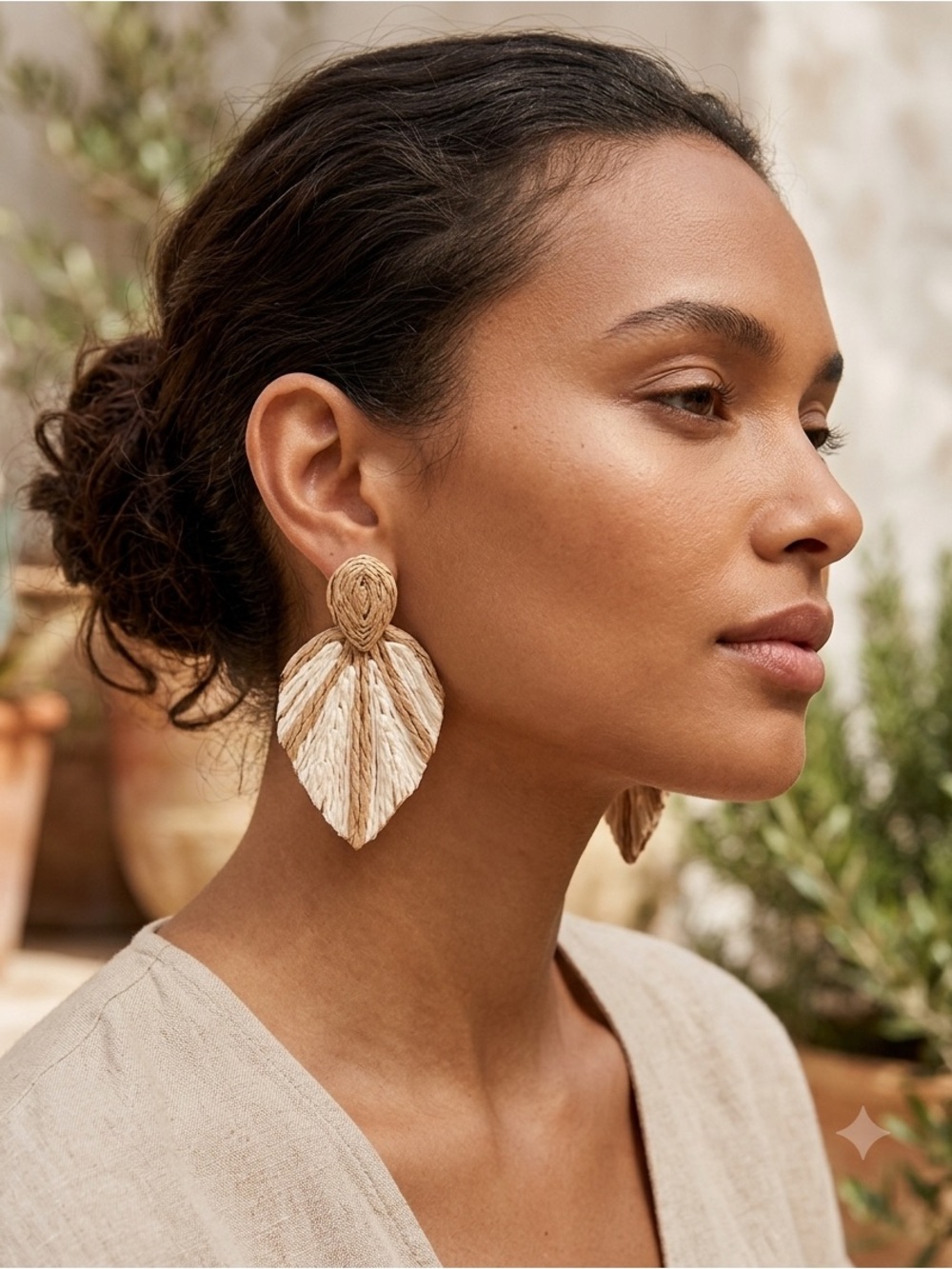 Vintage J. Crew Tan Raffia Leaf Drop Earrings - Women Jewelry